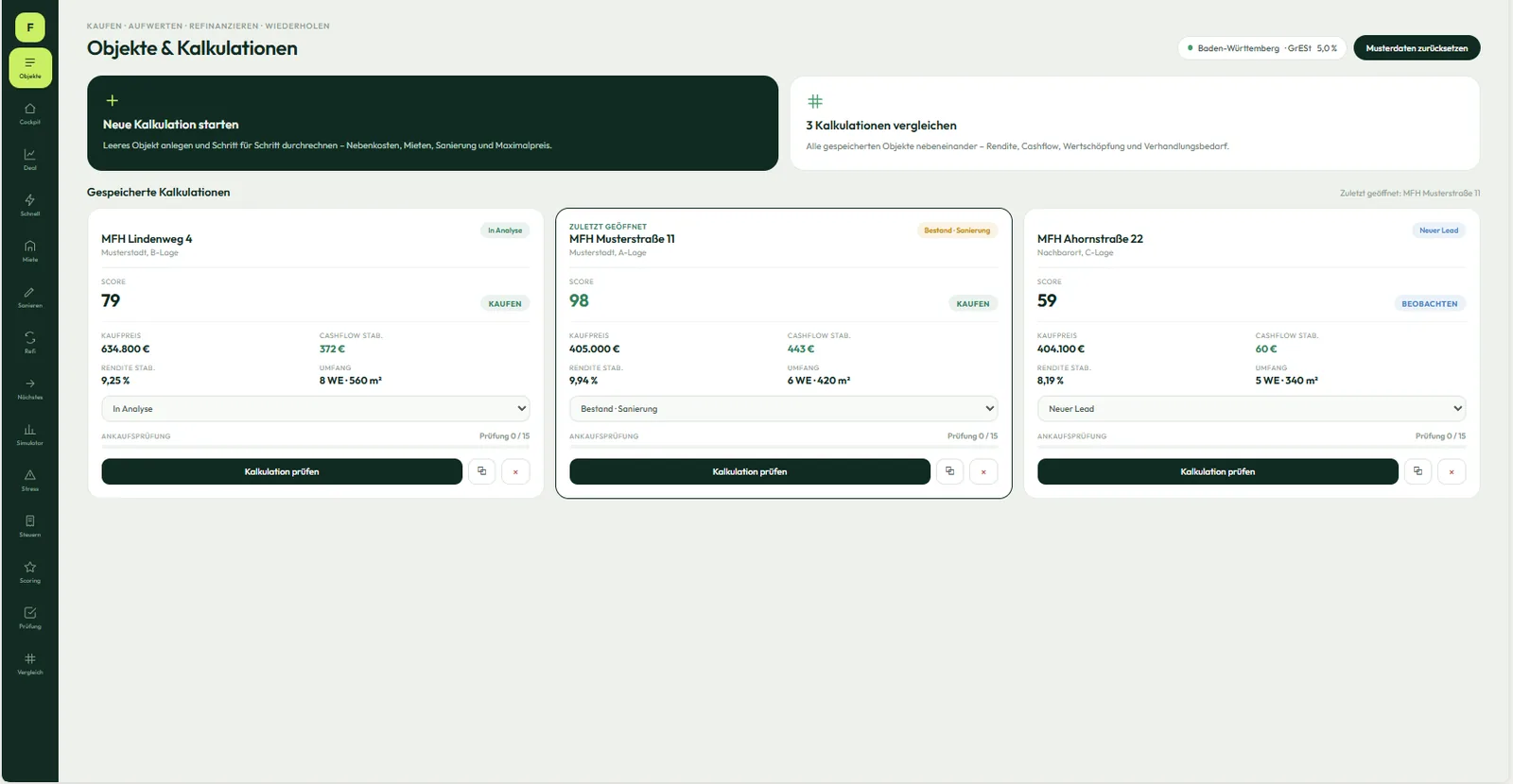 The property cockpit: saved calculations side by side, each scored, with purchase price, yield and cash-flow