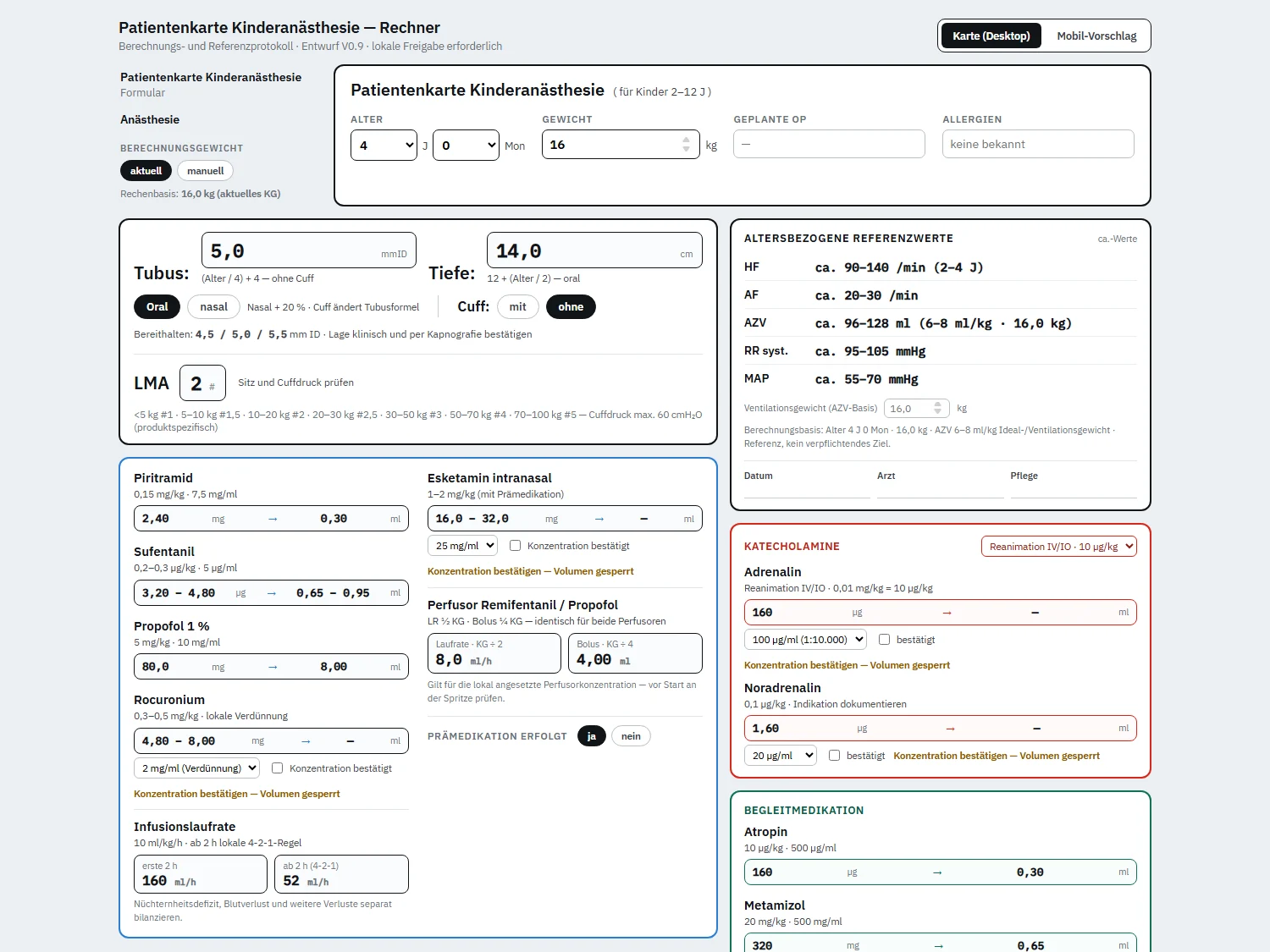 The paediatric anaesthesia patient card: airway sizes, reference values and weight-based drug doses on one screen